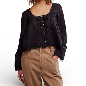 Free People Evermore Lace Inset Semisheer Top, Size‎ SMALL